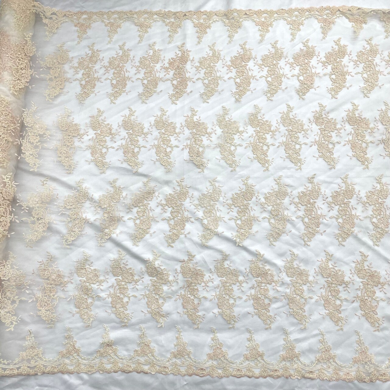 1 Yard Silver Corded Bridal Lace Fabric Embroidered on Polyester Net Mesh for Wedding and Evening Gowns – 54"